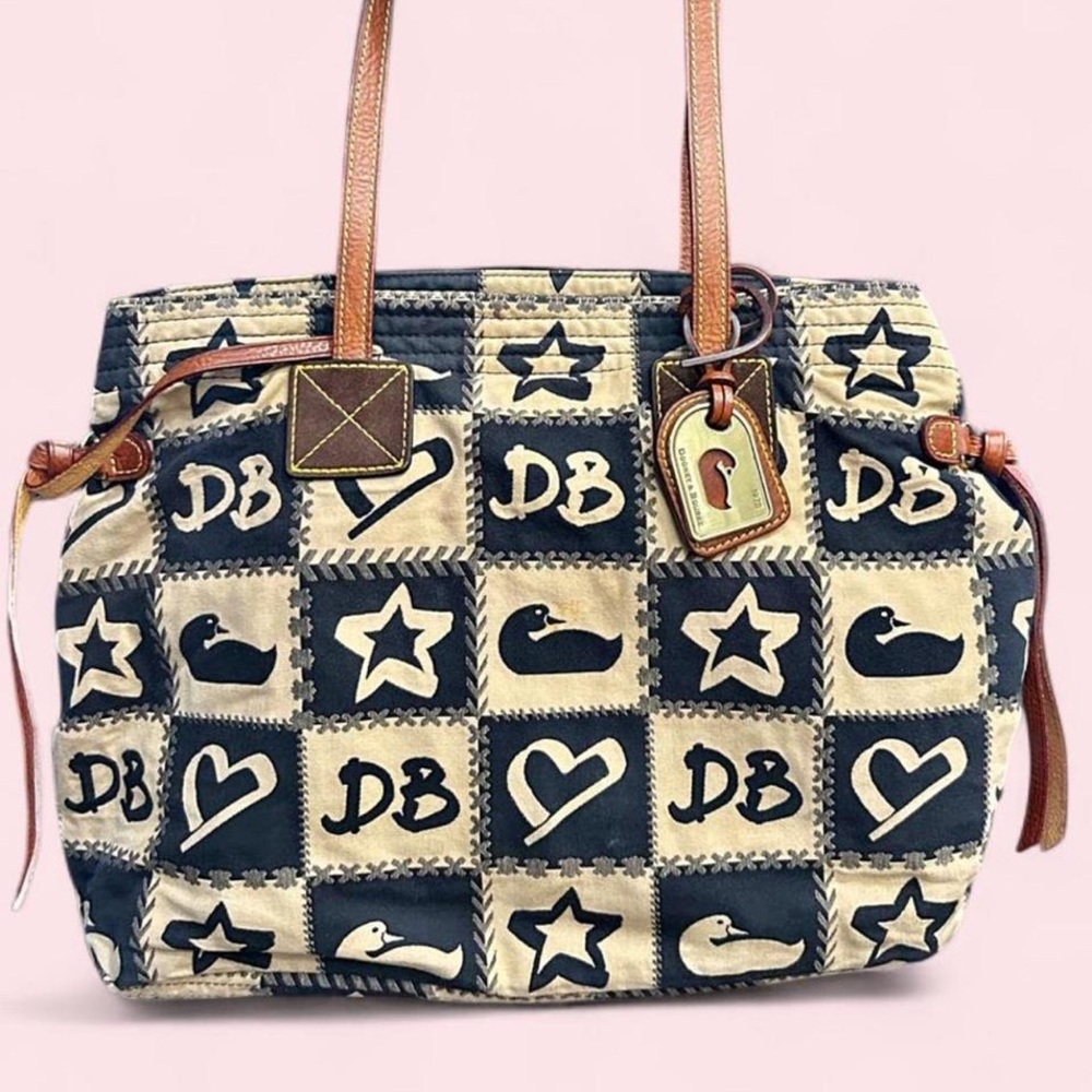 Dooney & Bourke Navy and Cream Patchwork Logo Tote with Leather Trim